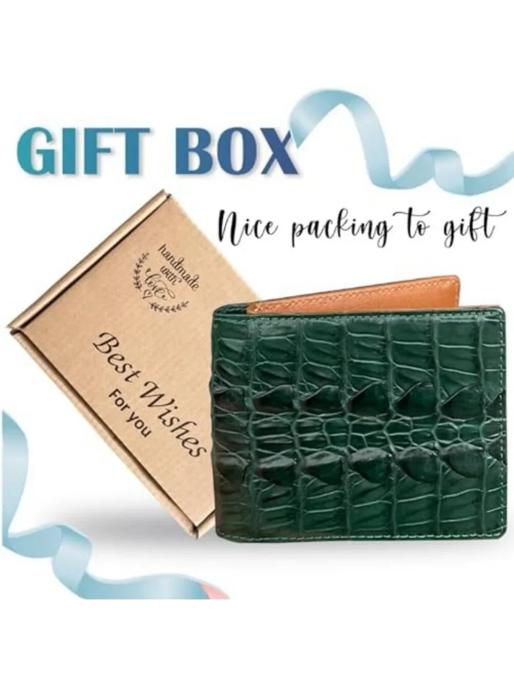 Men's Leather Bifold Wallet - RFID Blocking, Alligator Print, Front Pocket